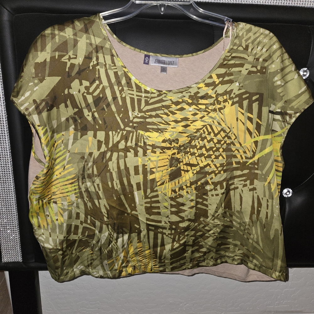 JLO Tan Green & Yellow Cap Sleeve Boxy Mixed Media Tee